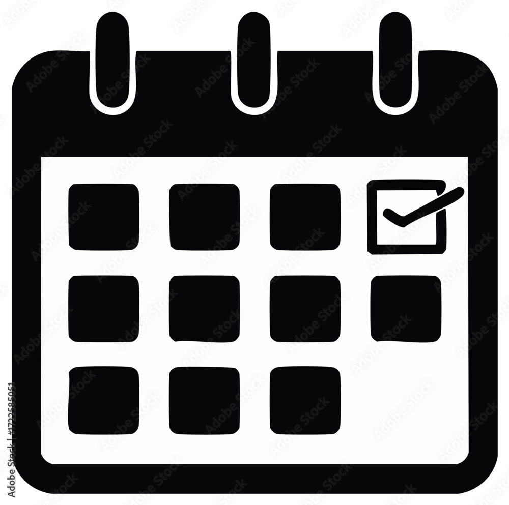 Poster black calendar icon with a checkmark on a date representing a schedule, deadline, or event