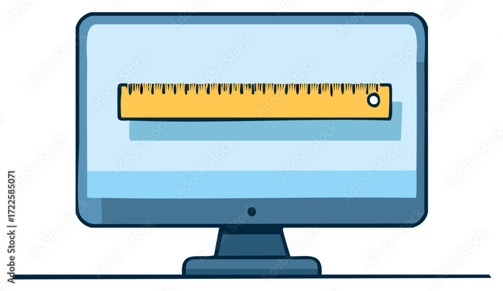 Poster cartoon illustration of a computer monitor displaying a yellow ruler for measurement or design conce