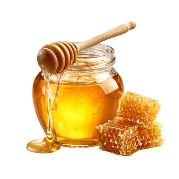Golden honey in a jar with a dipper and honeycomb isolated on transparent background.
