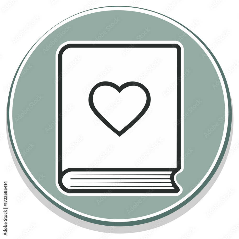 Poster simple flat icon of a book with a heart symbol on the cover inside a circular frame
