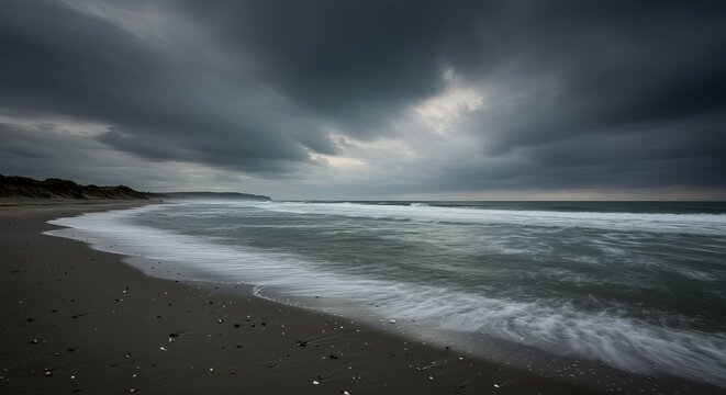 Dramatic stormy ocean waves crash onto dark sandy beach under moody clouds