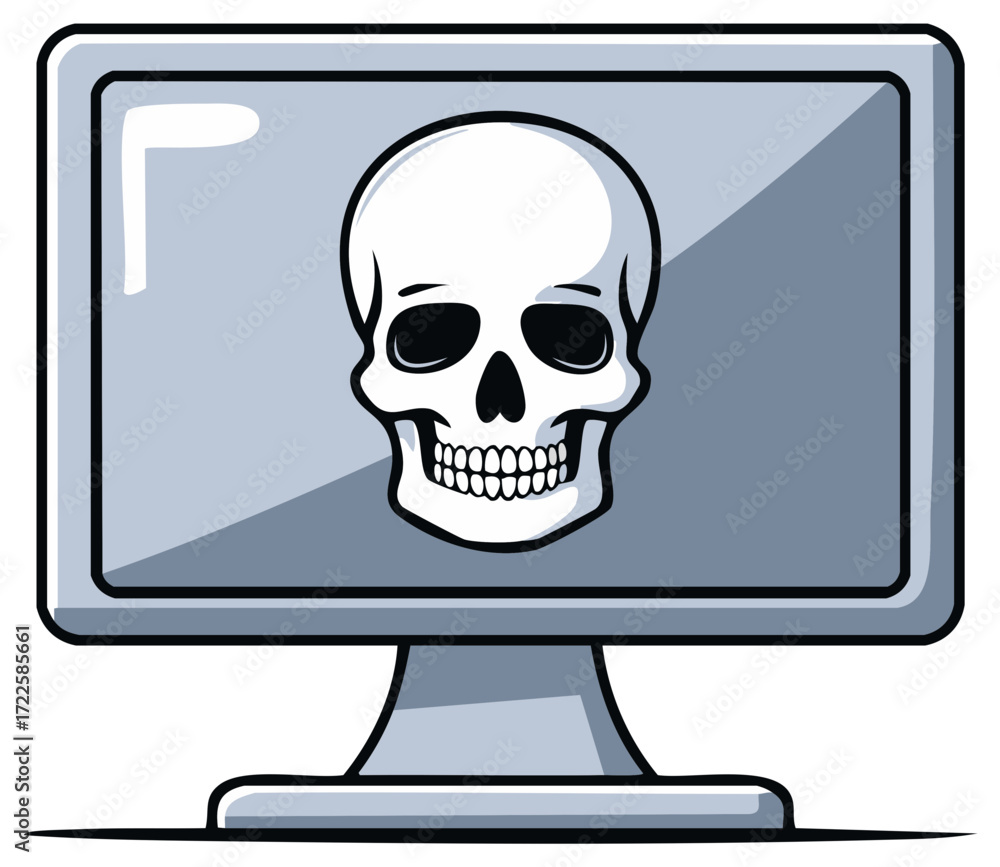 Poster skull icon displayed on computer screen, symbolizing danger or threat, digital vector.