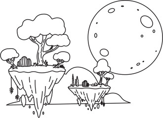 Whimsical floating islands with a large moon in a surreal fantasy line art landscape
