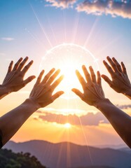 Hands reaching toward a bright, network-connected sphere, set against a scenic backdrop of mountains and a radiant sunset sky