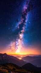 Vibrant milky way arches above a mountain range at twilight, painted in hues of blue, purple, orange, and black
