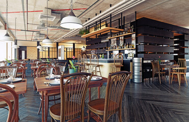 Interior of a modern industrial style restaurant and bar. Empty dining area with wooden furniture and exposed concrete ceiling. Loft pub design concept. 3D rendering.