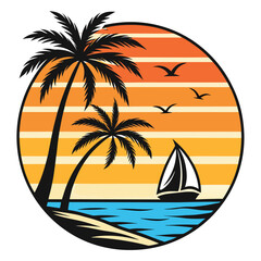 Obraz premium Tropical Sunset Beach Scene with Palm Trees and Sailboat Keywords: beach, sunset, tropical, palm trees, sailboat, ocean, sea, vacation, travel, summer, island, nature, sky, horizon, water, waves