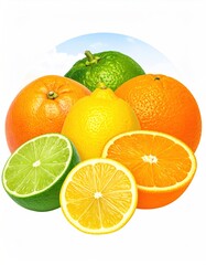 A vibrant arrangement of citrus fruits, including oranges, lemons, and limes, displayed against a sky blue backdrop