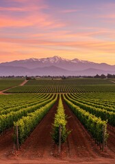 Scenic Vineyard Landscape with Majestic Mountains Under a Colorful Sunset Sky in a Rural Setting