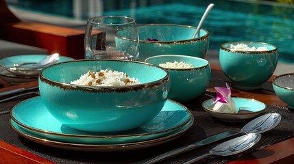 Turquoise dinnerware set with rice and salad by a pool