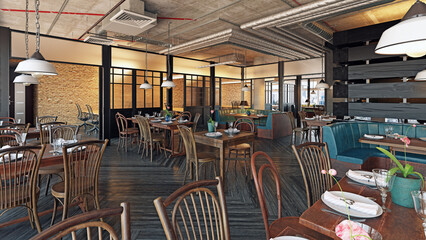 Modern restaurant interior with an industrial loft style design. Empty dining room with wooden furniture and exposed brick. Architectural visualization and 3D rendering.