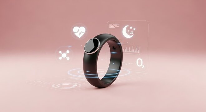 Futuristic smart ring showcases advanced health tracking and holographic interface for modern lifestyle