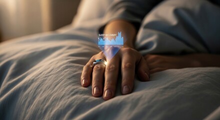 Futuristic smart ring displaying sleep recovery metrics with augmented reality interface in a cozy bedroom setting