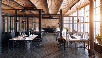 Modern industrial loft office interior. Empty co-working space with brick walls and contemporary furniture. 3D rendering of a workplace.