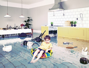 A young boy floats in an inflatable ring inside a flooded modern kitchen. Surreal scene of a...