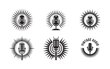 Fototapeta premium Vintage Microphone Icons with Sunburst Design. Microphone icon symbol. Vector eps 10