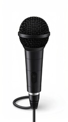 Matte black handheld microphone with a rounded mesh head, attached cord, set against a crisp white backdrop with a subtle drop shadow