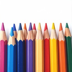 Row of colored pencils, each one sharpened and placed together against a white backdrop, showcasing bright, vibrant hues in neat formation