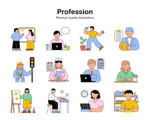 Fototapeta premium A collection of diverse professions illustrated in a clean, modern flat style, showcasing various occupations and activities.