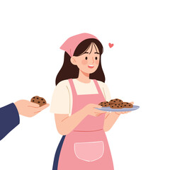 A girl in a pink apron, offering a plate of chocolate chip cookies to someone off-screen