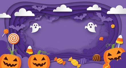 Halloween background in paper cut style with layered violet and orange shapes. Cute jack-o’-lantern pumpkins, candy, flying bats, and little ghosts floating among clouds. Fun and playful digital craft