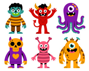 Collection of six cartoon monsters in various colors and designs.