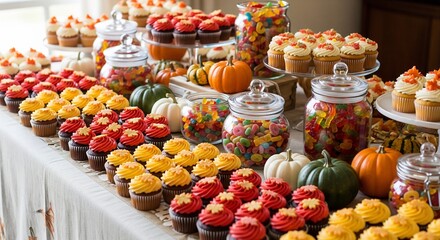 Fototapeta premium A dessert table is laden with cupcakes candy jars pumpkins and gourds against a bright window background
