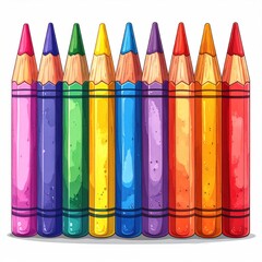 Vibrant row of eight colored pencils, arranged side-by-side in a spectrum of hues, with textured paper bodies and soft, blended color tips