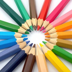 Circular arrangement of sharpened colorful pencils pointing towards a white center, creating a vibrant and playful design against a white background