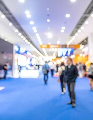 Blurred exhibition hall with people walking on a blue carpet, bright lights and neutral hues create an abstract, professional ambiance
