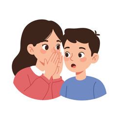 A girl cupping her hands around her mouth, whispering something into the ear of a boy who is listening with a surprised expression,