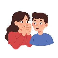 A girl cupping her hands around her mouth, whispering something into the ear of a boy who is listening with a surprised expression,