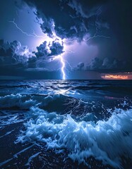 A seascape captures lightning striking over a turbulent ocean, with wave crests catching light beneath dark storm clouds