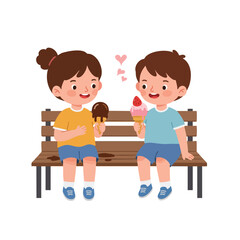  two children sitting on a bench, each holding an ice cream cone that is starting to melt, one chocolate, one strawberry, 