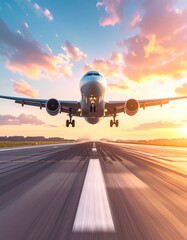 Airplane ascends into a vibrant sunset sky from the runway, leaving a blur of motion as it gains altitude and prepares for its journey