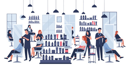 Obraz premium A vibrant hair salon interior bustling with diverse clients and skilled stylists.