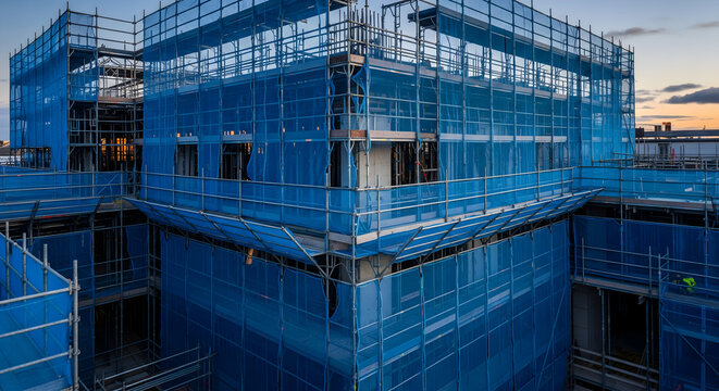 Modern building construction progress with blue safety netting at dusk