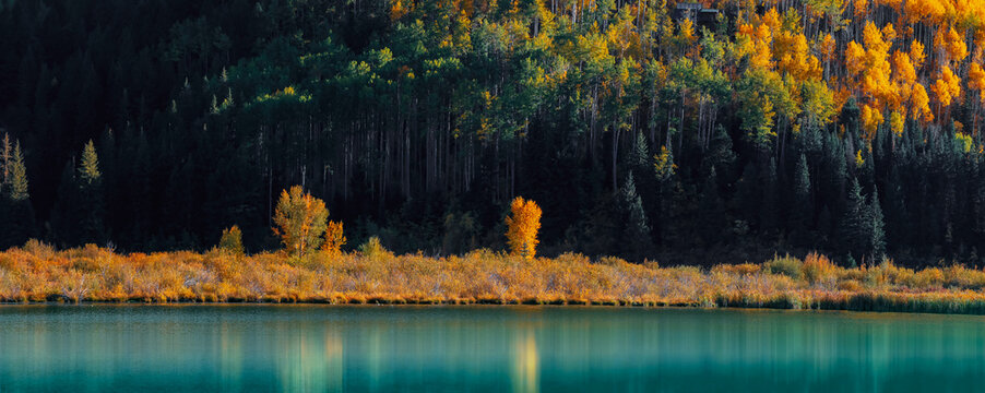 Fototapeta Beaver lake reflections in fresh turquoise water near Marble Colorado in autumn time, panoramic view.