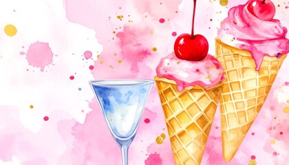 Watercolor ice cream cones and drink