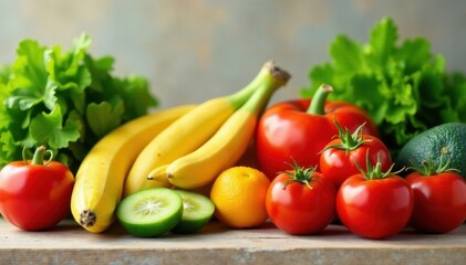 Brightly colored organic fruits and vegetables arranged on a table, food, green