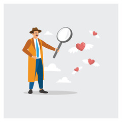Challenge to Success Concept. Detective Exploring Love Symbolized by Magnifying and Flying Hearts.