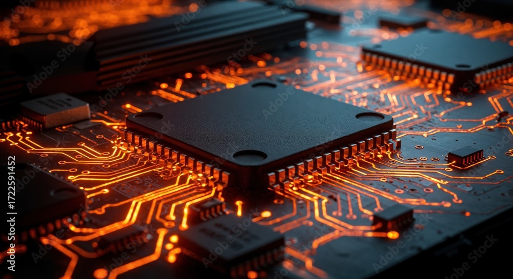 Fototapete illuminated circuitry: a close-up shot showcasing the intricate network of a computer's internal com