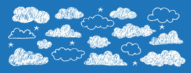 Crayon drawn clouds. Contemporary naive design aesthetic. Childish texture. Hand drawn vector stock kid crayon illustration.