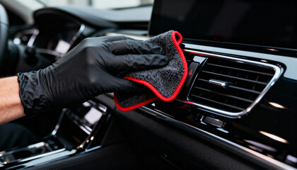 Professional car detailing, cleaning the dashboard with a cloth