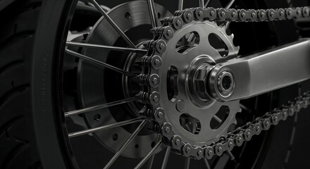 Motorcycle Chain Wheel Closeup: Intricate view of a motorcycle wheel's drive chain, revealing details of metalwork and mechanical engineering.