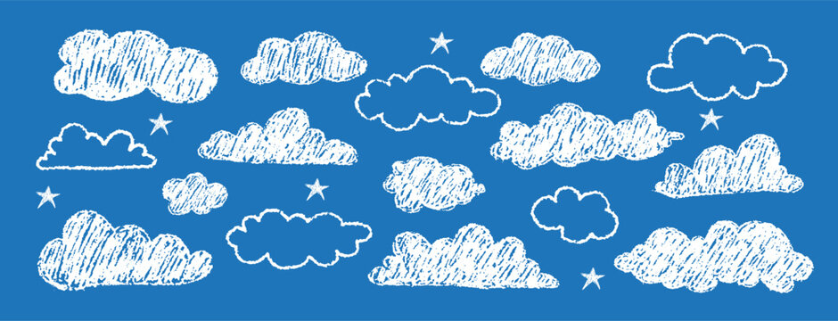 Crayon drawn clouds. Contemporary naive design aesthetic. Childish texture. Hand drawn vector stock kid crayon illustration.