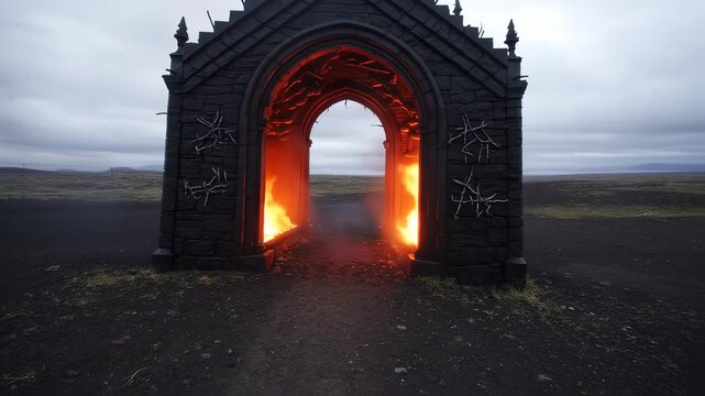 Dark archway ablaze in desolate landscape