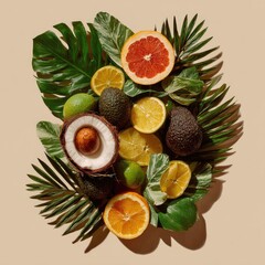 Tropical fruit arrangement, vibrant colors, exotic leaves