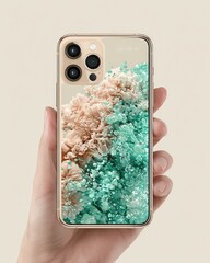Hand holds a clear phone case, light beige, teal, and cream abstract design
