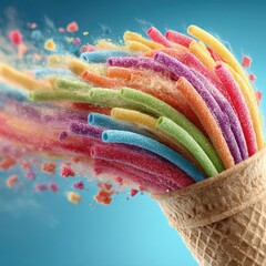 Colorful candy strands explode from ice cream cone